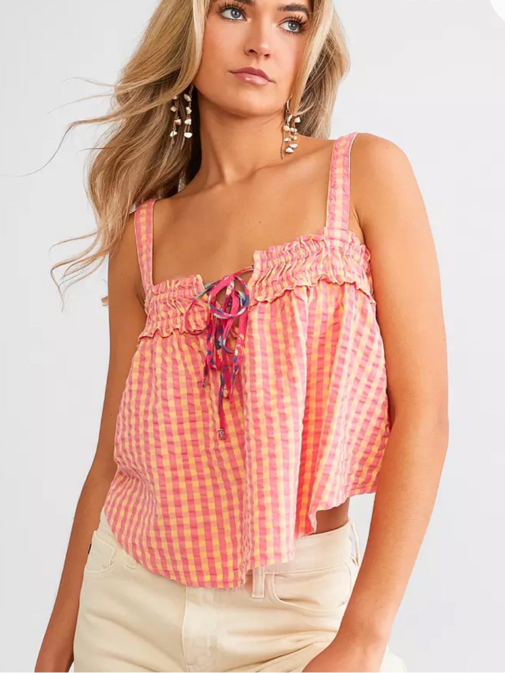 Free People Picnic Party Gingham Crop Top Pink Yellow Medium M